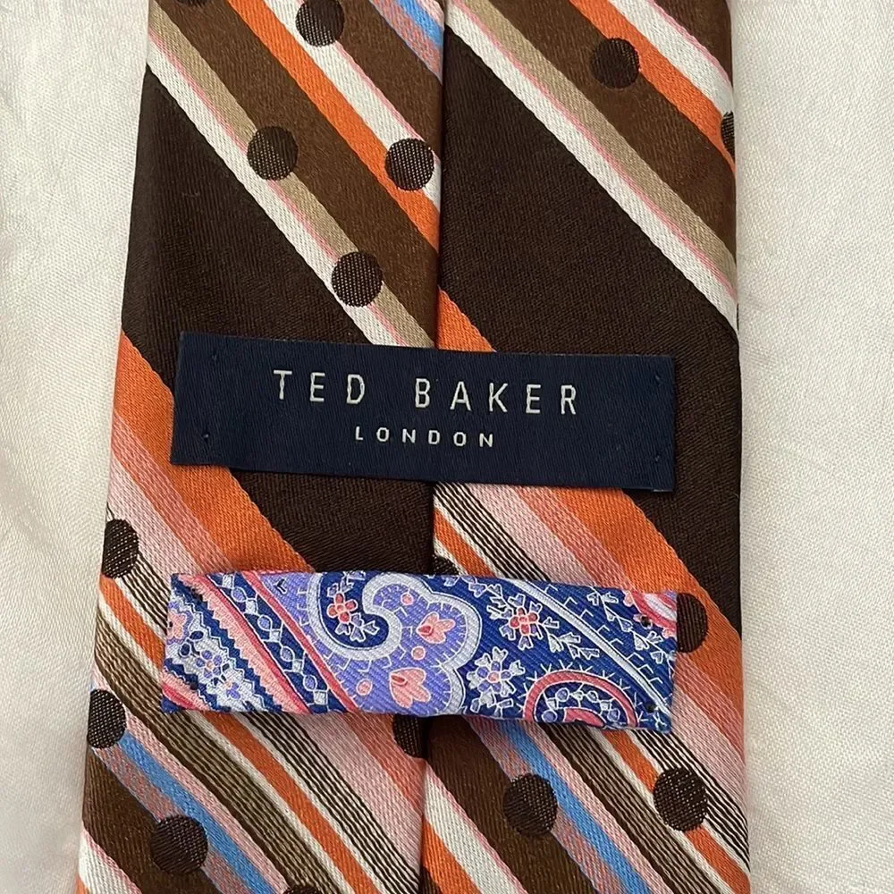 Ted Baker brown‎ & orange striped & polka dot silk tie